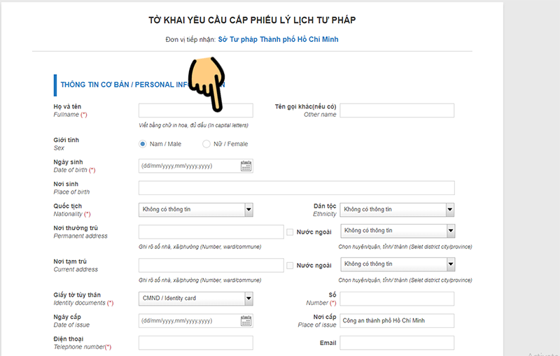 công dân điền các thông tin cơ bản