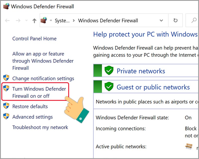 Chọn Turn Windows Defender Firewall on or off