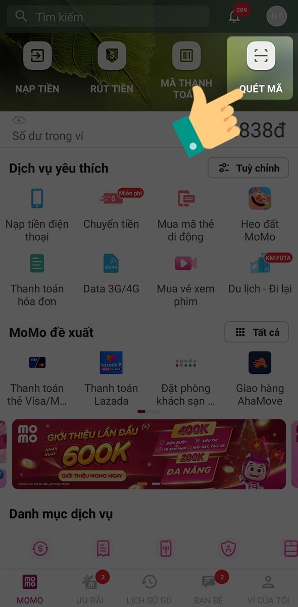 Mở ứng dụng Momo chọn Quét mã