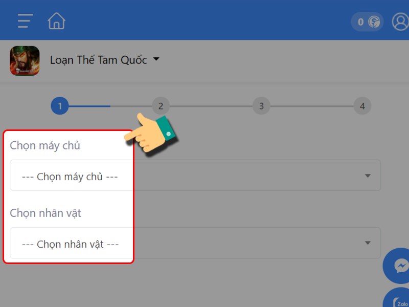 Chọn máy chủ, nhân vật