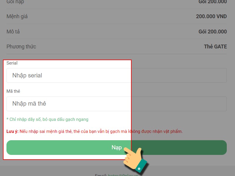 Nhập thông tin thẻ cào để thanh toán