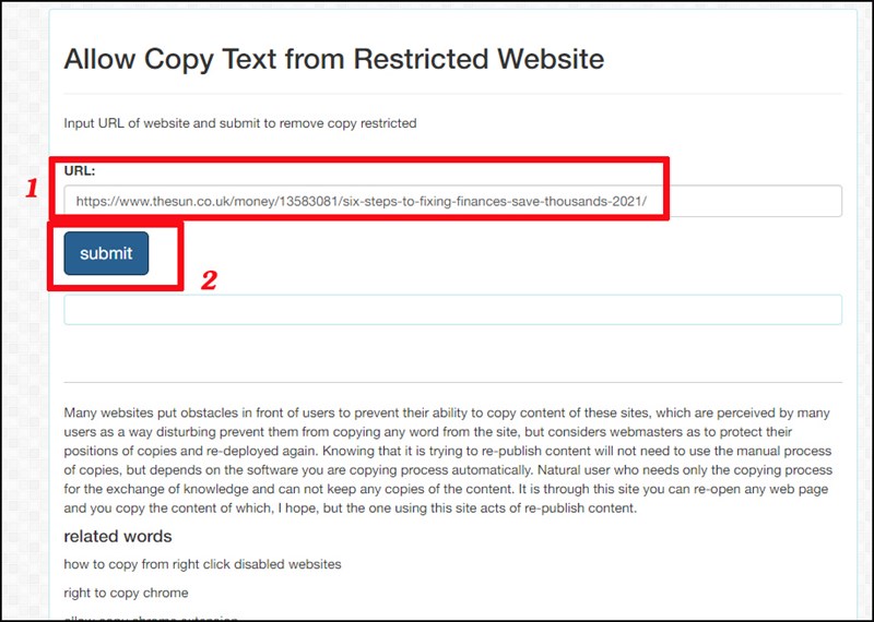 "Copy link trang web" mà bạn muốn sao chép nội dung và chọn "Submit"