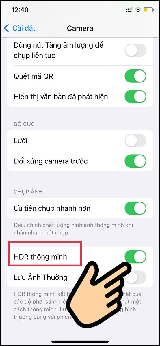 Ra mục Camera chọn HDR thông minh bằng cách gạt nút sang phải