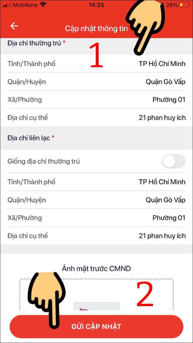 Điền Địa chỉ thường trú & Địa chỉ liên lạc, tải ảnh CMND lên rồi nhấn nút Gửi cập nhật