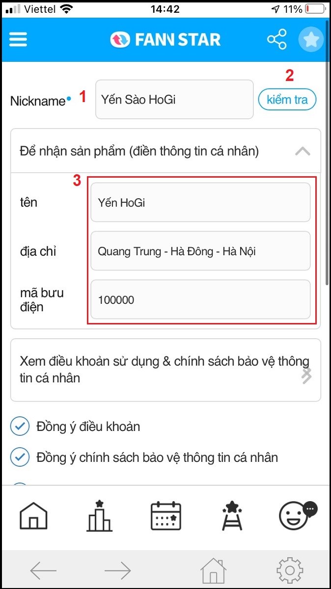 Điền thông tin cá nhân: Tên, Địa chỉ, Mã bưu điện