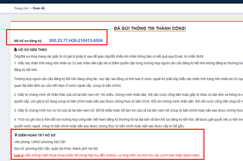 th&ocirc;ng b&aacute;o đ&atilde; đăng k&yacute; th&agrave;nh c&ocirc;ng k&egrave;m m&atilde; số