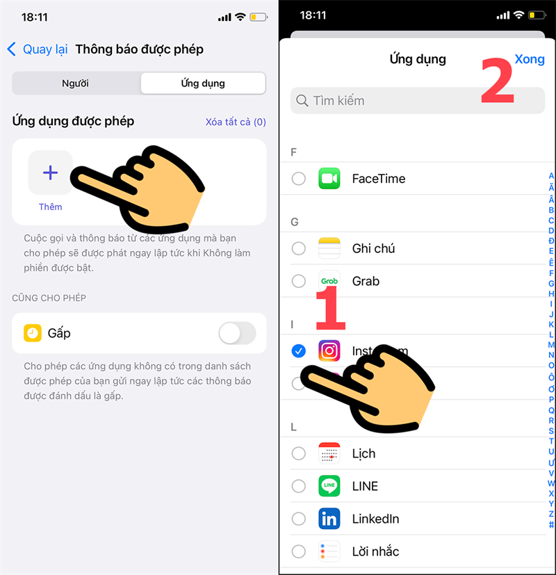 Nhấn mục Thêm và tick chọn một hoặc nhiều ứng dụng