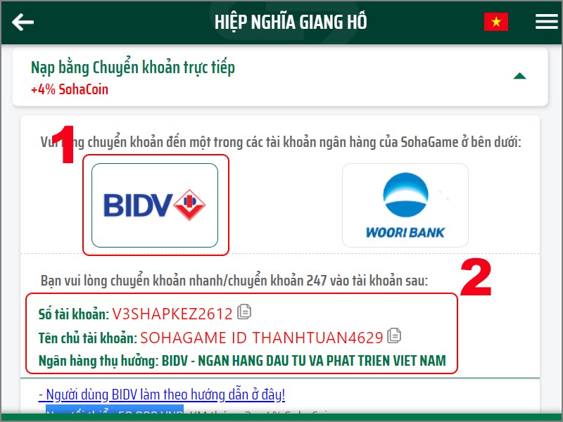 Chọn tài khoản ngân hàng của SohaGame Chọn tài khoản ngân hàng của SohaGame