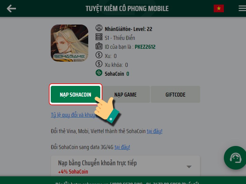 Chọn nạp SohaCoin Chọn nạp SohaCoin