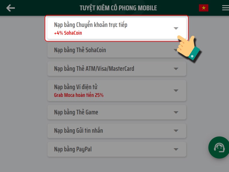 Chọn chuyển khoản trực tiếp Chọn chuyển khoản trực tiếp