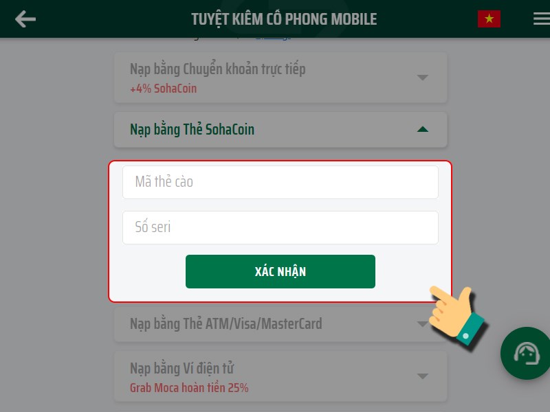 Điền thông tin thẻ nạp Điền thông tin thẻ nạp