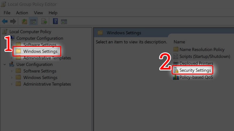 Chọn Windows Settings, sau đó chọn tiếp vào Security Settings