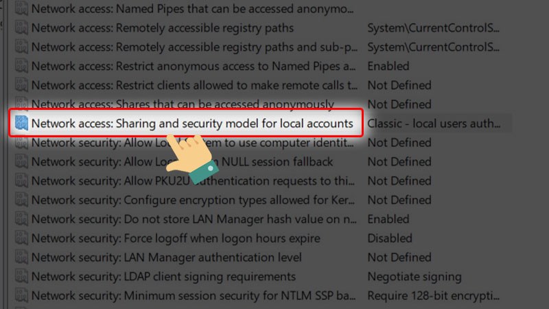 nhấn đúp vào mục Network access: Sharing and security model for local accounts