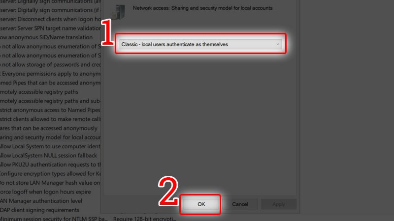 Chọn mục Classic: Local users authenticate as themselves và nhấn OK để hoàn thành