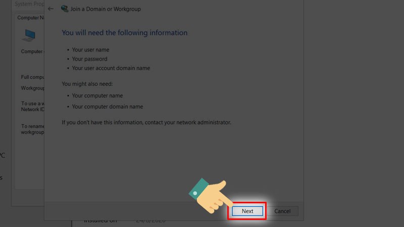 Sau đó thông tin Workgroup hiện ra bạn nhấn Next