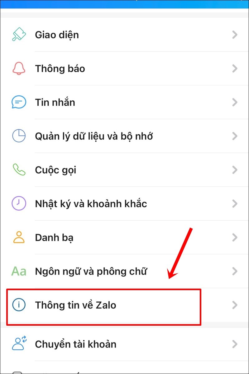 Chọn Thông tin về Zalo