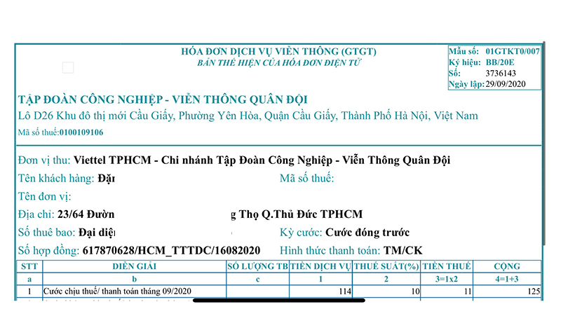 Hoá đơn điện tử internet Viettel