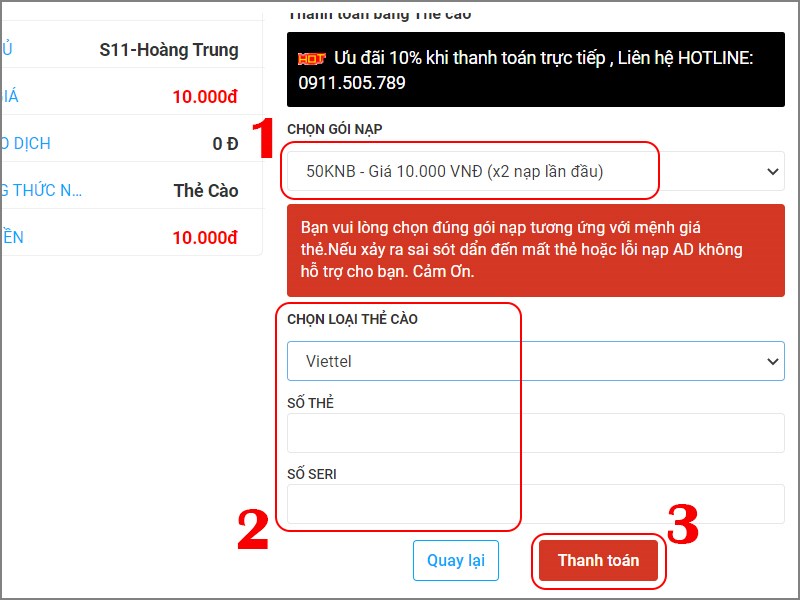 Chọn g&oacute;i nạp v&agrave; nhập th&ocirc;ng tin thẻ c&agrave;o