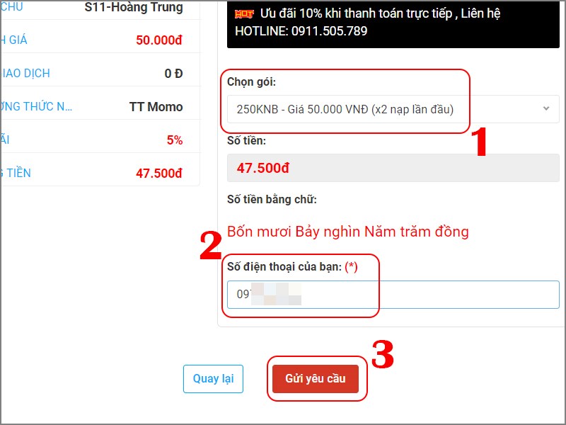 Chọn g&oacute;i nạp, nhập số điện thoại