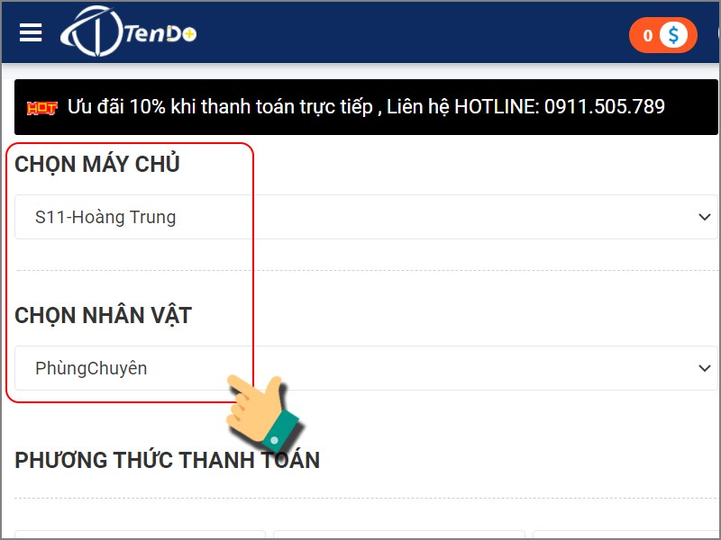 Chọn server, nh&acirc;n vật