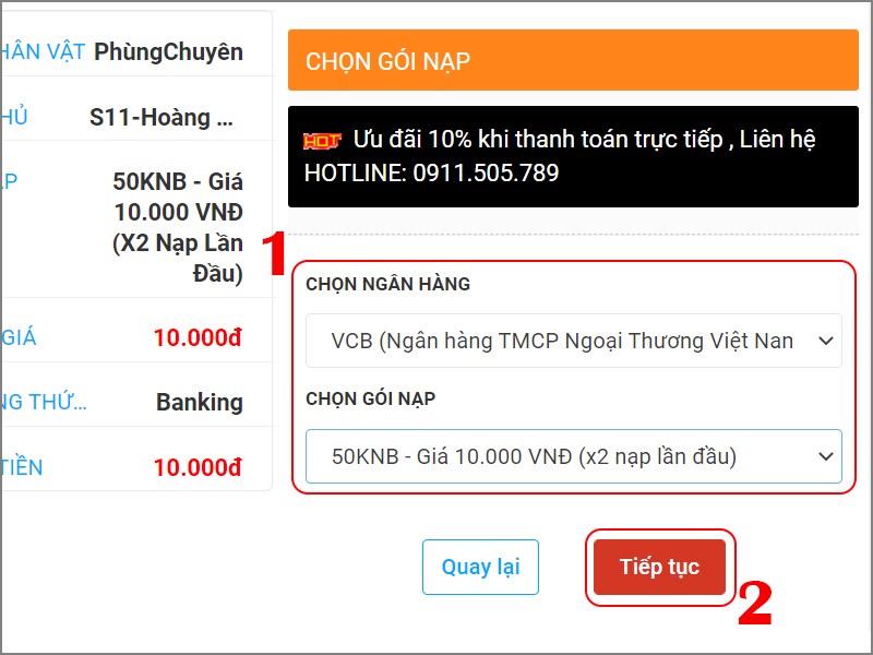 Chọn ng&acirc;n h&agrave;ng v&agrave; g&oacute;i nạp