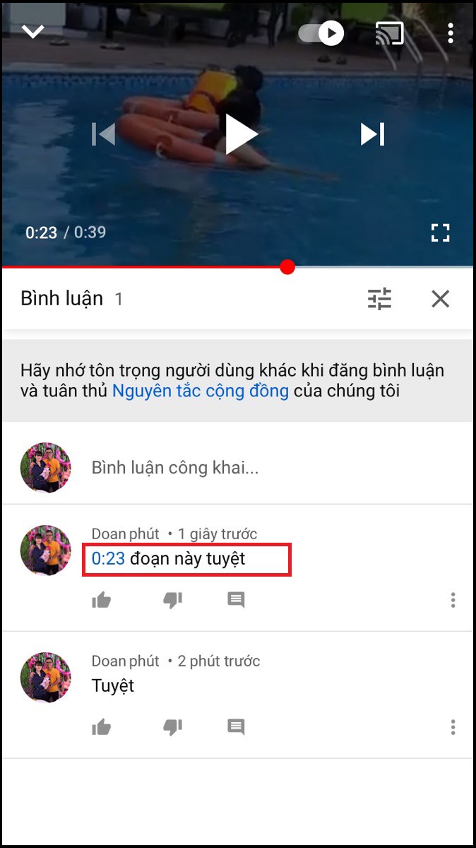 Kết quả ta được bình luận kèm mốc thời gian