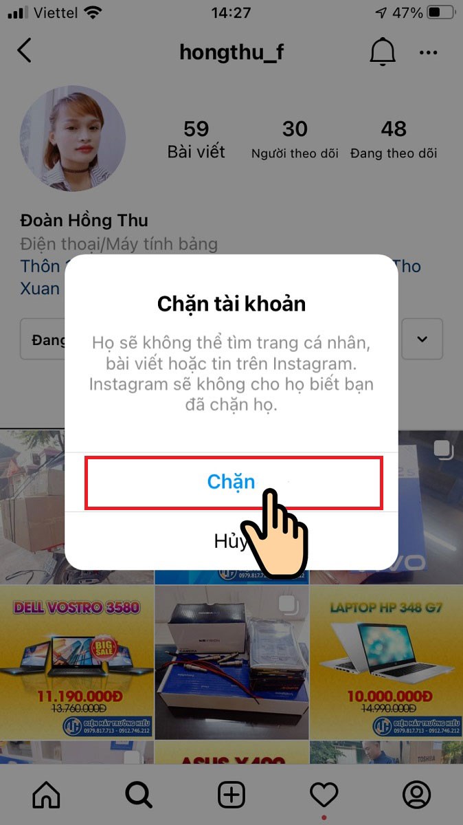 Xác nhận bằng cách chọn Chặn tiếp