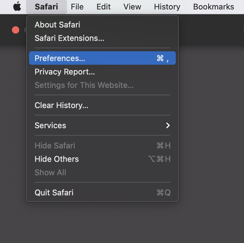Tr&ecirc;n thanh Menu Bar > Chọn Safari > Chọn Preferences