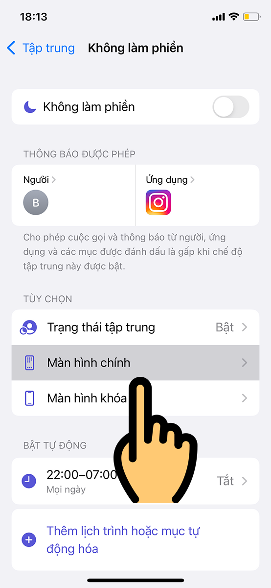 Để chọn các trang màn hình sẽ hiển thị trong chế độ Tập trung