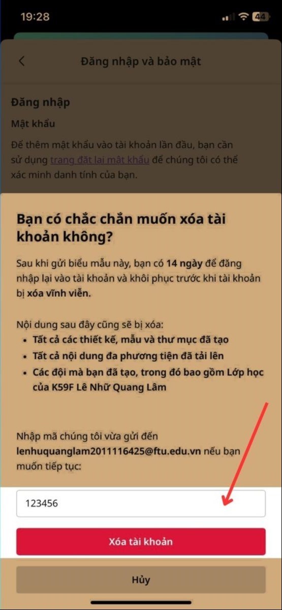 Nhập m&atilde; x&aacute;c nhận, sau đ&oacute; click&nbsp;X&oacute;a t&agrave;i khoản
