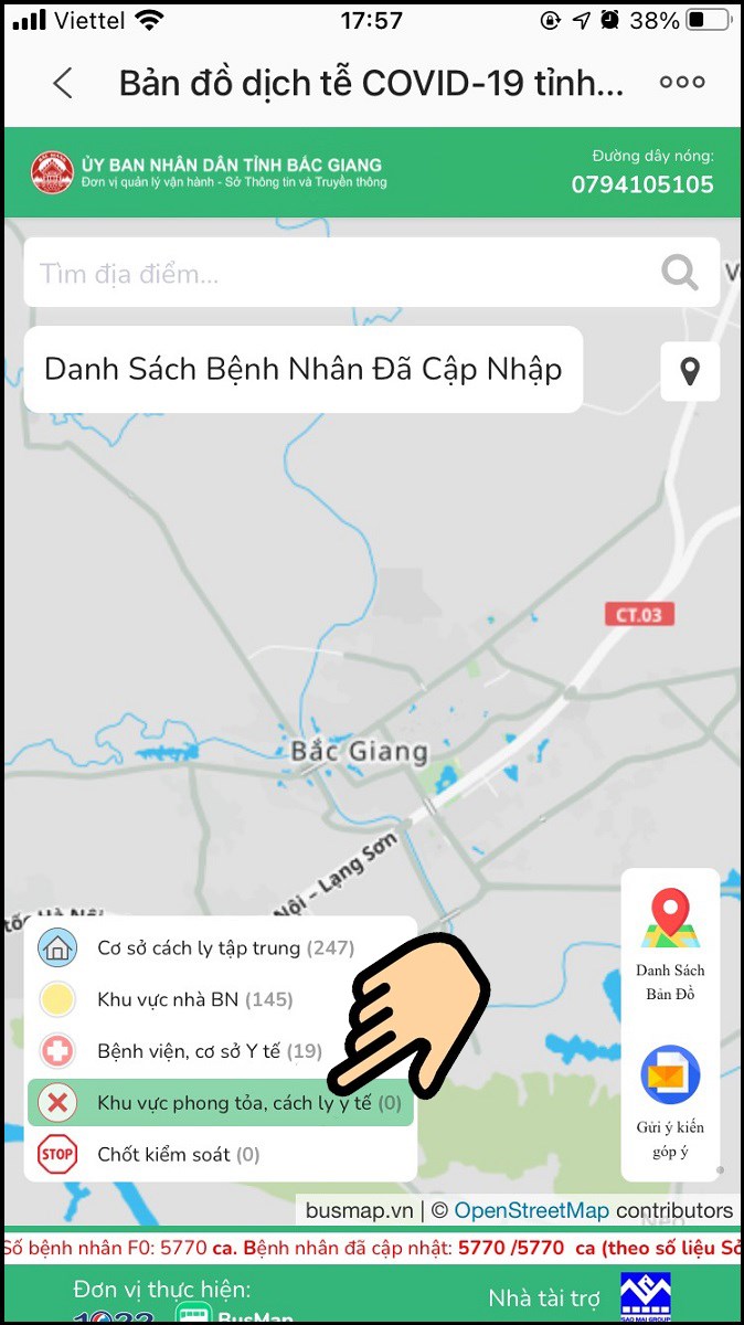 Bấm chọn khu vực phong tỏa cách ly
