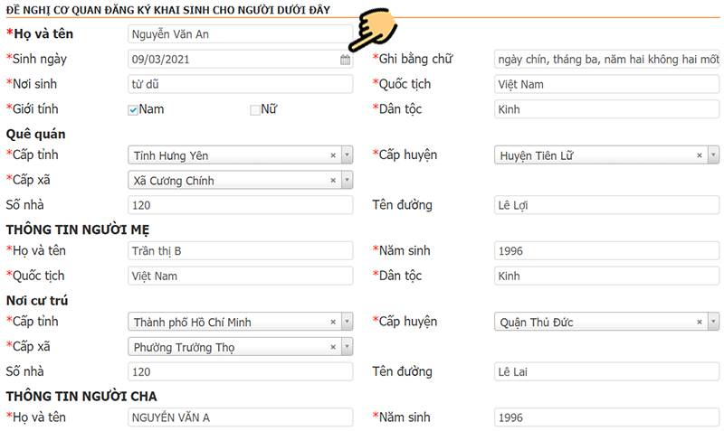 Điền đầy đủ th&ocirc;ng tin cho người cần được đăng k&yacute; khai sinh