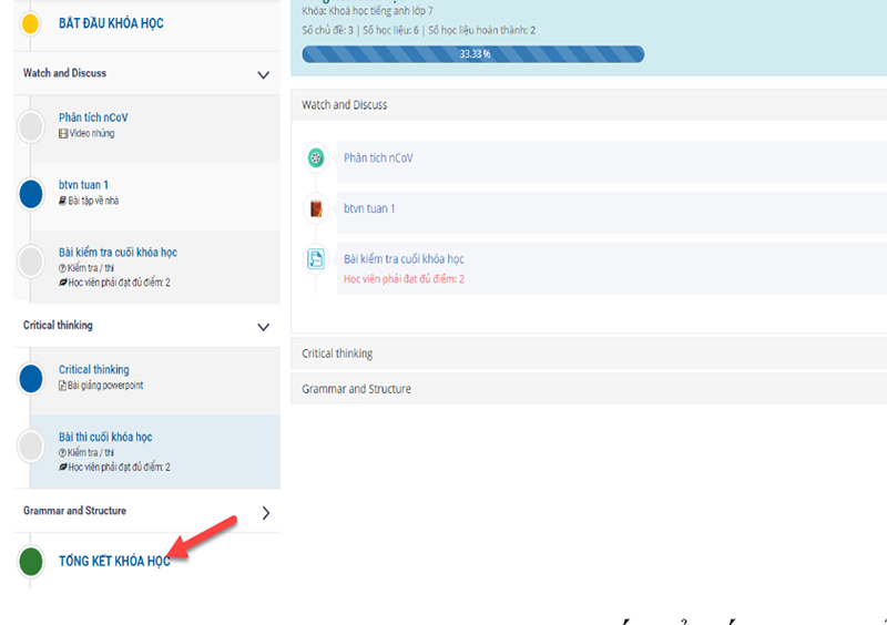 nhấn vào mục Tổng kết khóa học