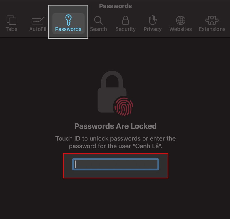 Chọn thẻ Password > Nhập Mật khẩu hoặc sử dụng Touch ID