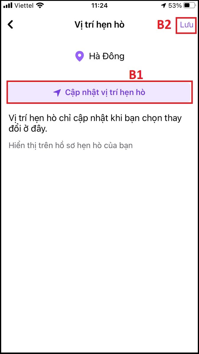 Bấm Cập nhật vị tr&iacute; hẹn h&ograve; để định vị lại v&iacute; trị bạn đang ở