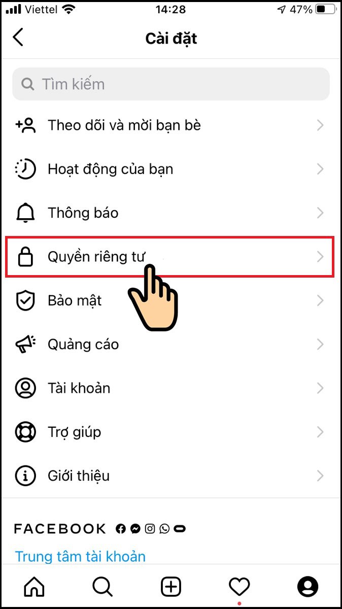 Chọn Quyền riêng tư