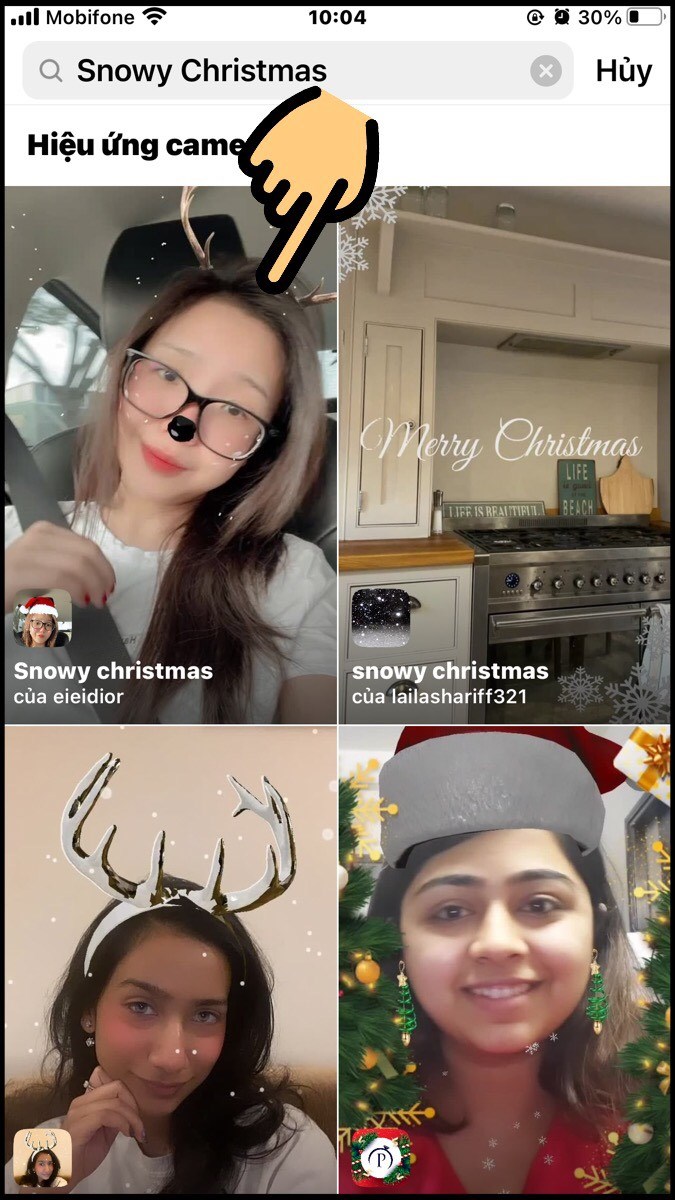 Nhập từ kh&oacute;a Snowy Christmas v&agrave; bấm chọn filter Snowy christmas
