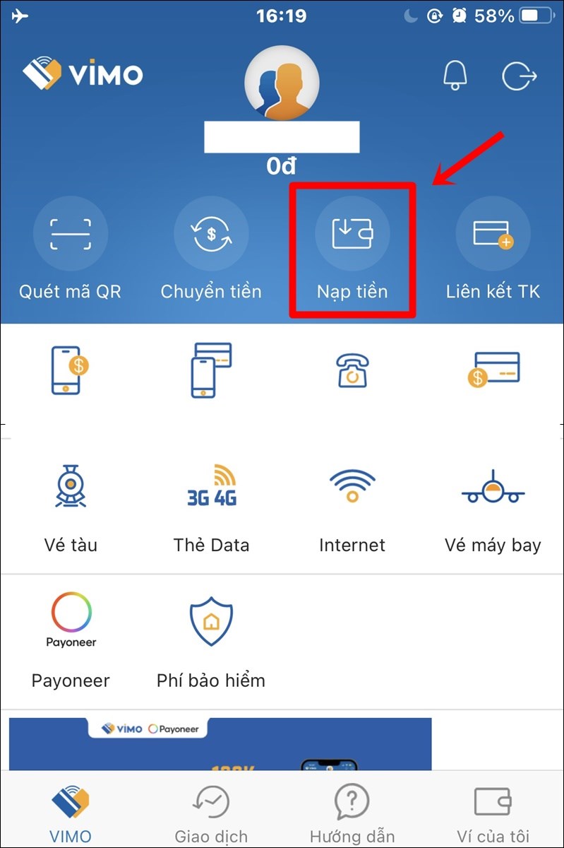 Chọn Nạp tiền
