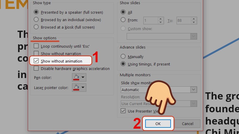 Tại phần Show options tích chọn vào Show without animations rồi nhấn OK