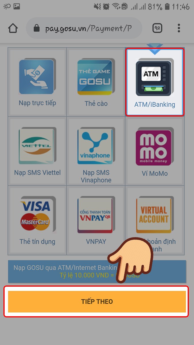 Chọn ATM/iBanking và chọn TIẾP THEO