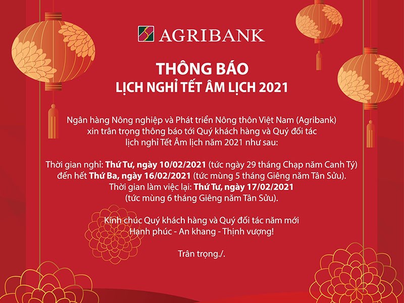 Lịch nghỉ tết của Agribank