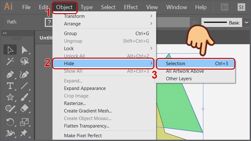 Chọn Object > Hide > Selection (hoặc nhấn tổ hợp ph&iacute;m Ctrl +3)
