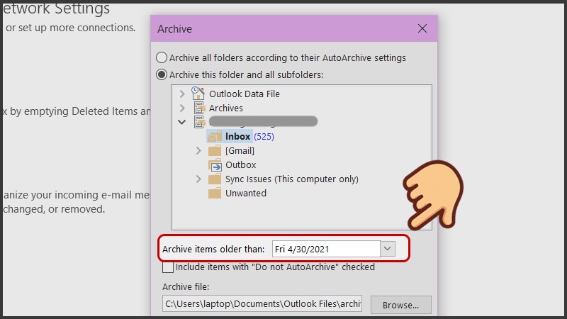 Trong mục Archive items older than hãy nhập ngày mốc lưu trữ
