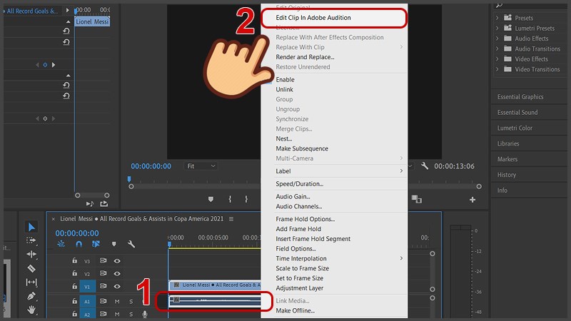 Nhấn chuột phải vài frame âm thanh và chọn Edit Clip in Adobe Audition