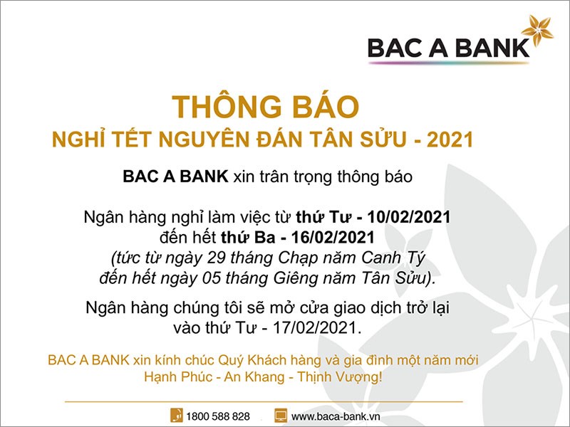 Lịch nghỉ tết Bac A Bank