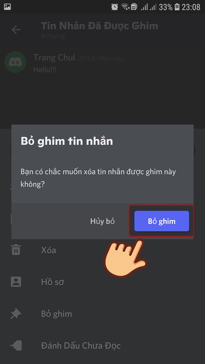 Chọn Bỏ ghim lần nữa để x&aacute;c nhận bỏ ghim tin nhắn