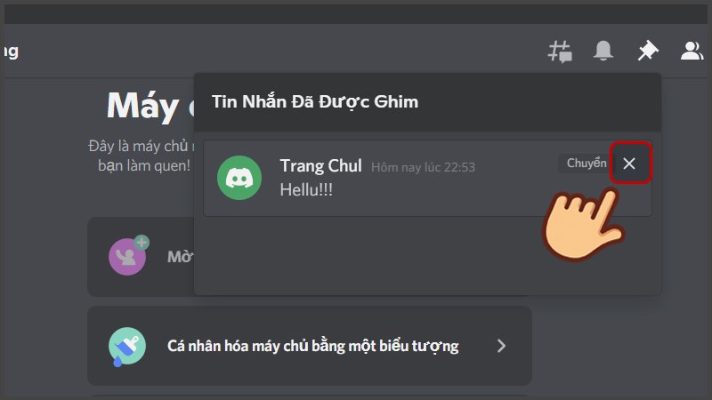 Kế b&ecirc;n tin nhắn muốn bỏ ghim, nhấn v&agrave;o dấu X