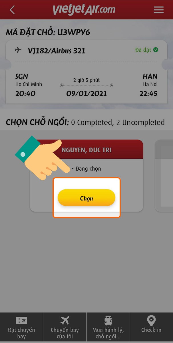 Nhấn Chọn để chọn Chỗ ngồi