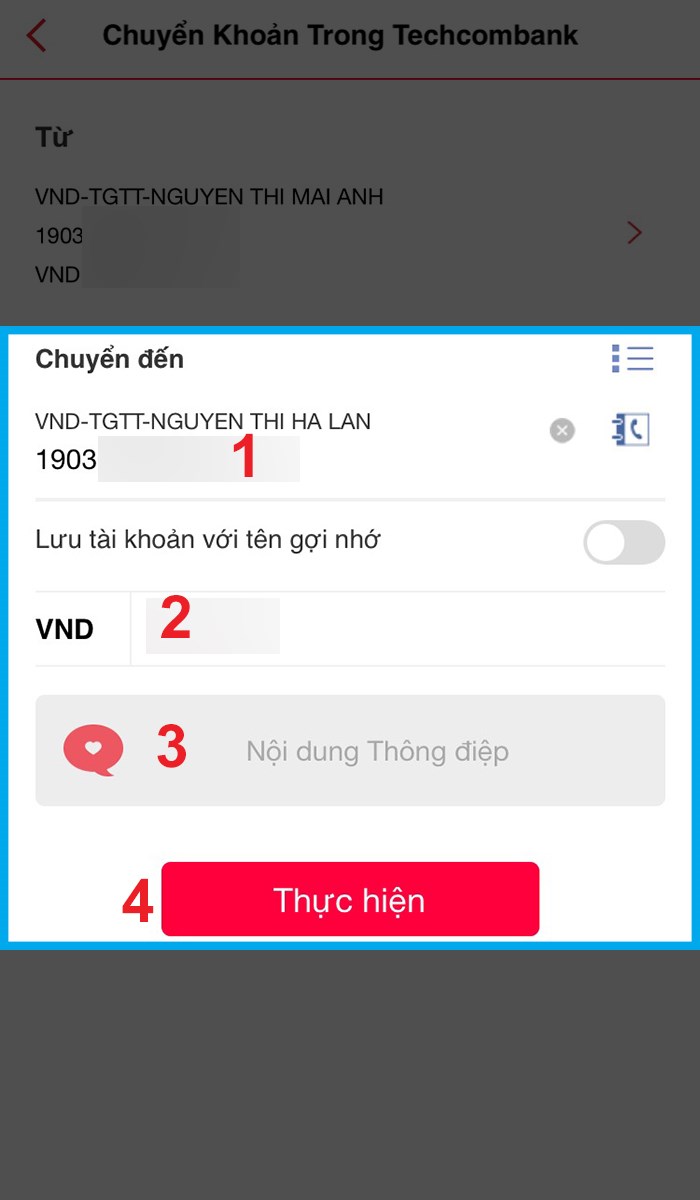 Nhập thông tin người nhận và nhấn Thực hiện