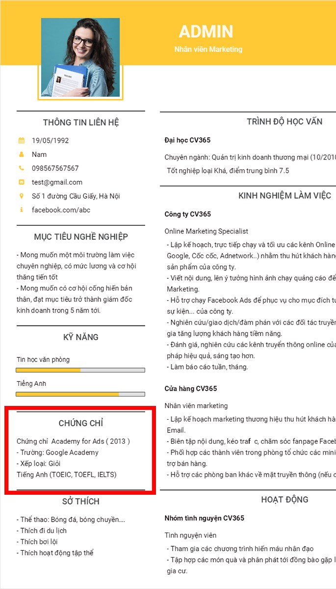 Mục riêng dành cho chứng chỉ